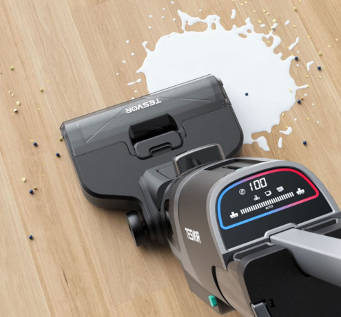 Tesvor R5 Wet-Dry Cordless Vacuum Cleaning a Spill on the floor