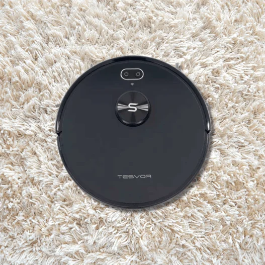 Tesvor S6+ Robot Vacuum on a white carpet